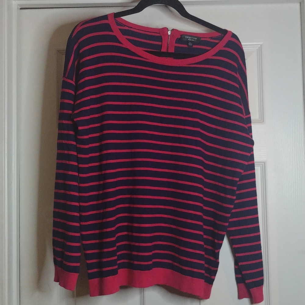 Spense Knits Blue and‎ Pink stripped long sleeve back zipper Sweater Size XL
